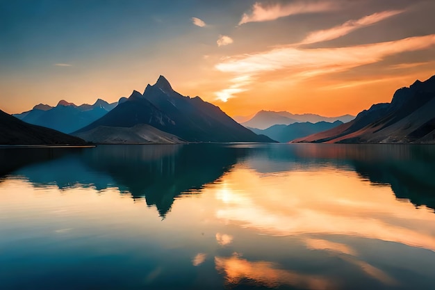 Una puesta de sol sobre un lago con montañas al fondo