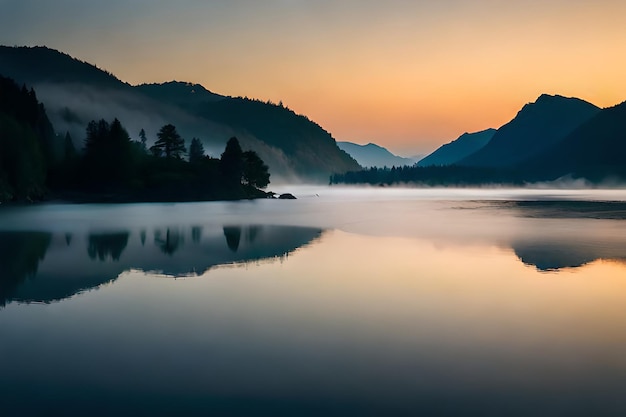 Una puesta de sol sobre un lago con montañas al fondo