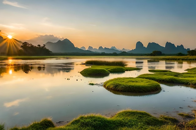 Una puesta de sol sobre un lago con montañas al fondo