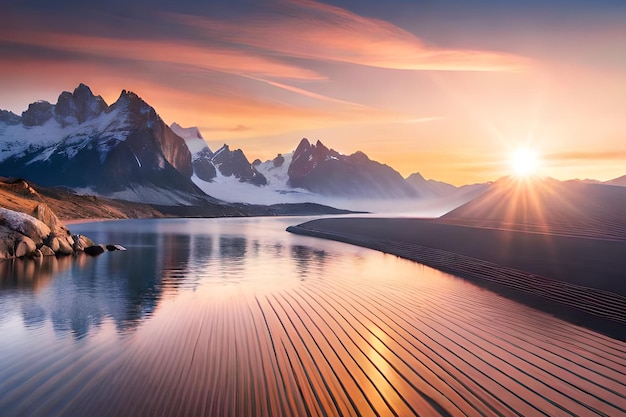 Una puesta de sol sobre un lago con montañas al fondo