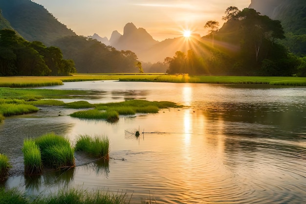 una puesta de sol sobre un lago con montañas al fondo