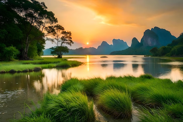 La puesta de sol sobre un lago con montañas en el fondo