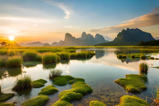 Una puesta de sol sobre un lago con montañas en el fondo