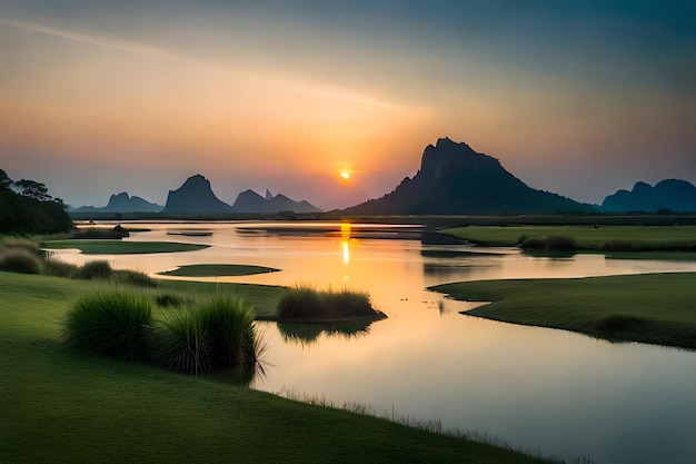 una puesta de sol sobre un lago con montañas en el fondo.