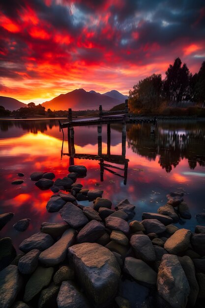 Una puesta de sol sobre un lago con un muelle y montañas al fondo.