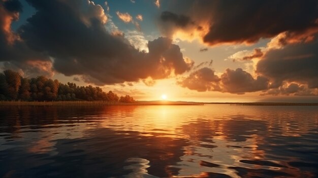 Una puesta de sol sobre un lago con nubes y un ai generador de puesta de sol.