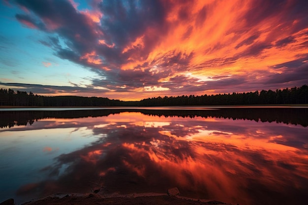 puesta de sol sobre un lago con una puesta de sol en el fondo