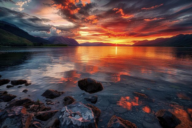 Una puesta de sol sobre un lago con rocas y agua