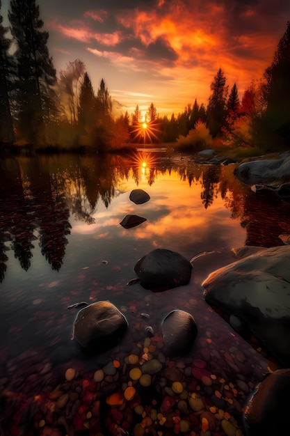 Puesta de sol sobre un lago con rocas en el agua