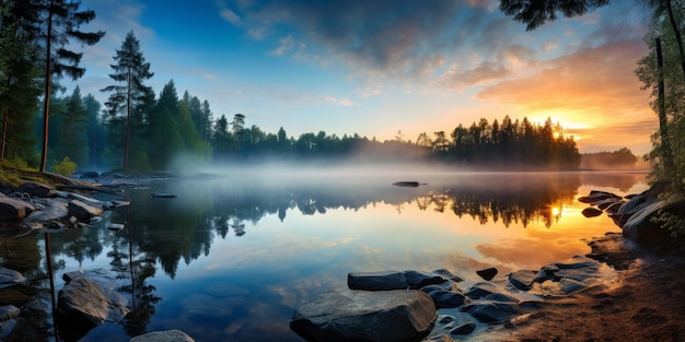 La puesta de sol sobre el lago con rocas y árboles