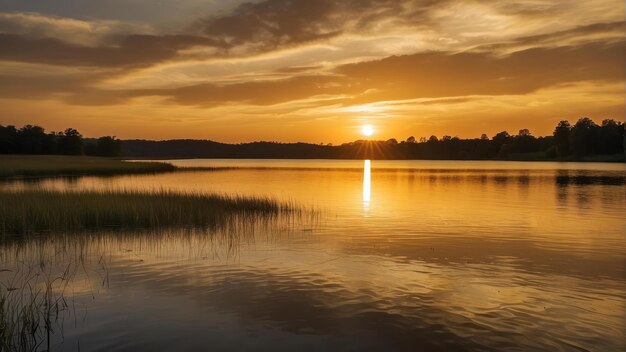 La puesta de sol sobre el lago tranquilo con el árbol solitario