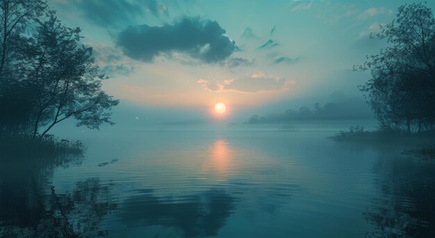 La puesta de sol sobre el lago tranquilo