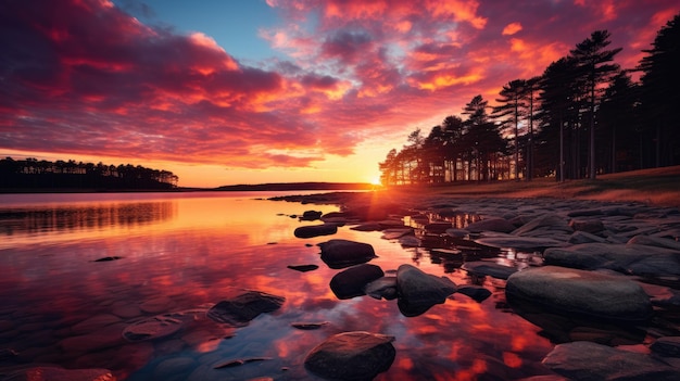 La puesta de sol sobre un lago