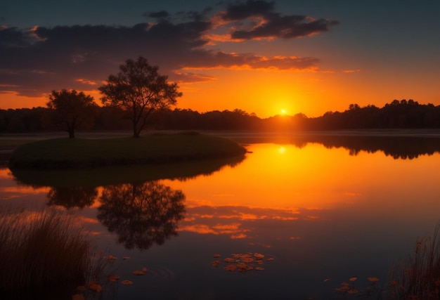 puesta de sol sobre el lago