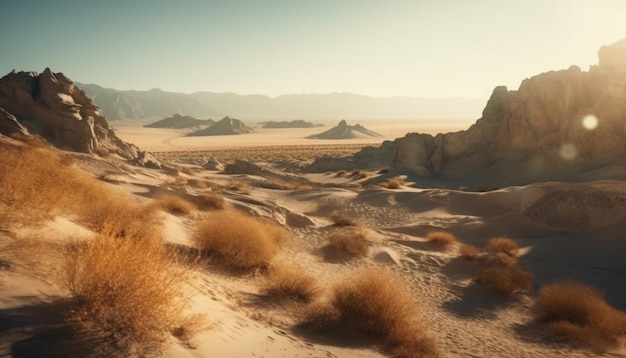 Puesta de sol sobre majestuosas dunas de arena en África generada por IA