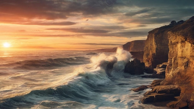 La puesta de sol sobre el majestuoso acantilado costero las olas rompen la imagen generativa de la IA