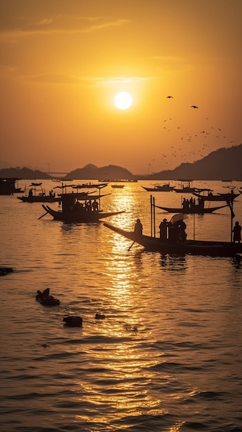 Una puesta de sol sobre el mar con barcos en primer plano y la puesta de sol detrás.