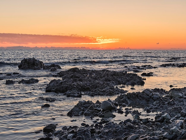 Una puesta de sol sobre el mar con una playa rocosa y un pájaro volando en el cielo