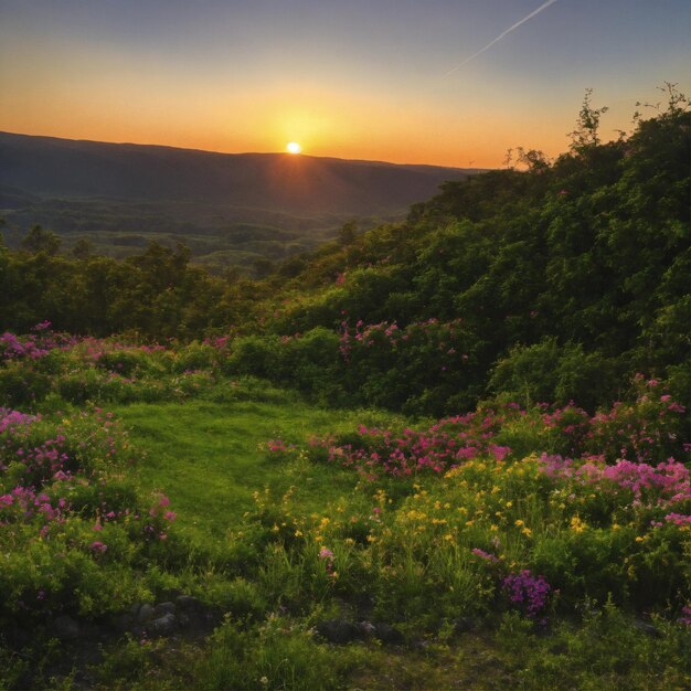 Foto una puesta de sol sobre una montaña con flores púrpuras y hierba verde