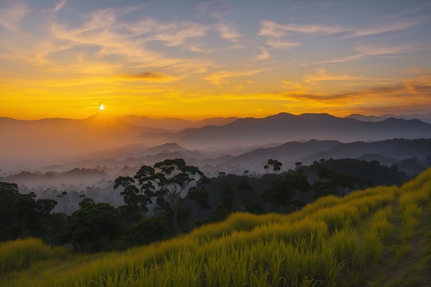 Una puesta de sol sobre las montañas con un cielo dorado y un campo verde