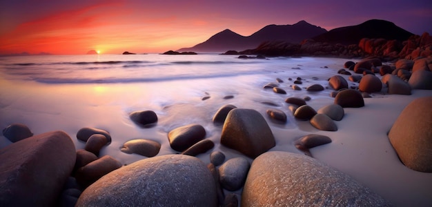 Una puesta de sol sobre las montañas y el mar.