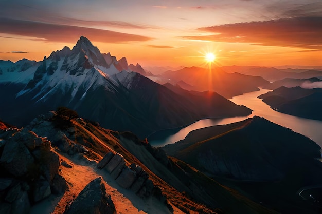 Una puesta de sol sobre las montañas con una montaña al fondo