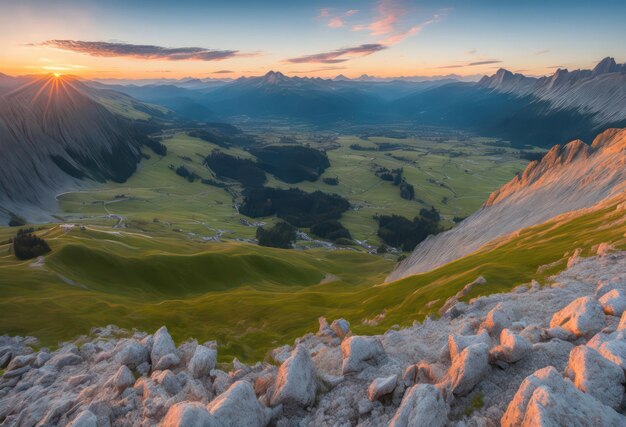 Una puesta de sol sobre las montañas de suiza