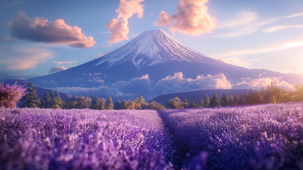 La puesta de sol sobre el monte Fuji con campos de lavanda