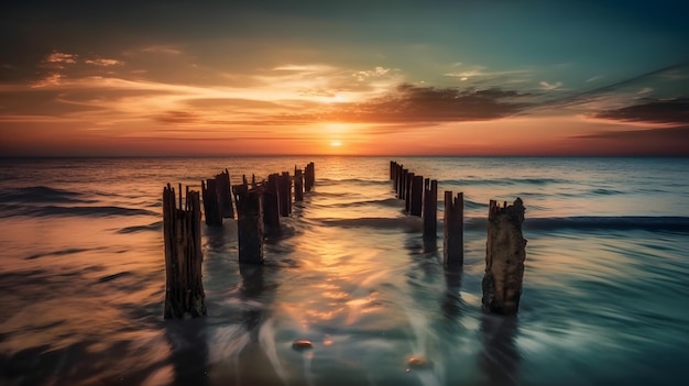 Una puesta de sol sobre un muelle de madera con la puesta de sol detrás.