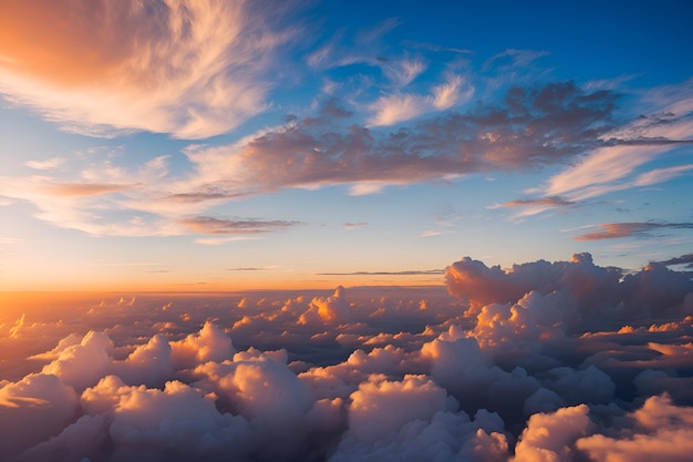 Una puesta de sol sobre las nubes con un cielo azul y nubes.