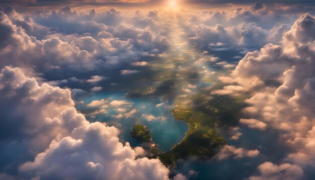 Una puesta de sol sobre las nubes con una puesta de sol y un río