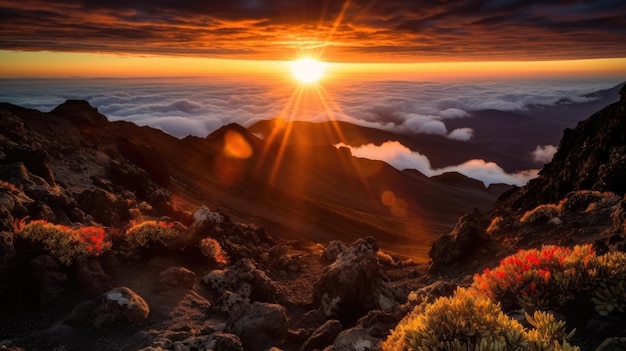 Una puesta de sol sobre las nubes con el sol brillando