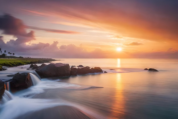 Una puesta de sol sobre el océano con una cascada que fluye sobre el agua.