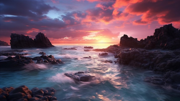 Una puesta de sol sobre el océano con un cielo colorido y olas rompiendo en las rocas.