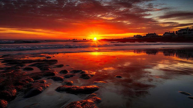 Una puesta de sol sobre el océano con un cielo rojo y nubes.