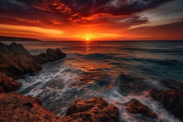 Una puesta de sol sobre el océano con un cielo rojo y la puesta de sol detrás de él.