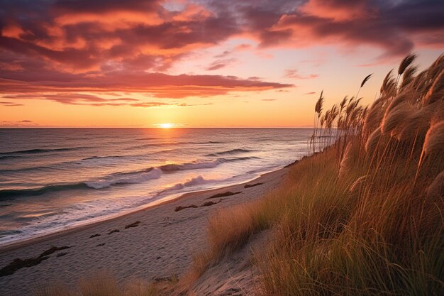 Foto puesta de sol sobre el océano con hierba alta y una playa generativa ai