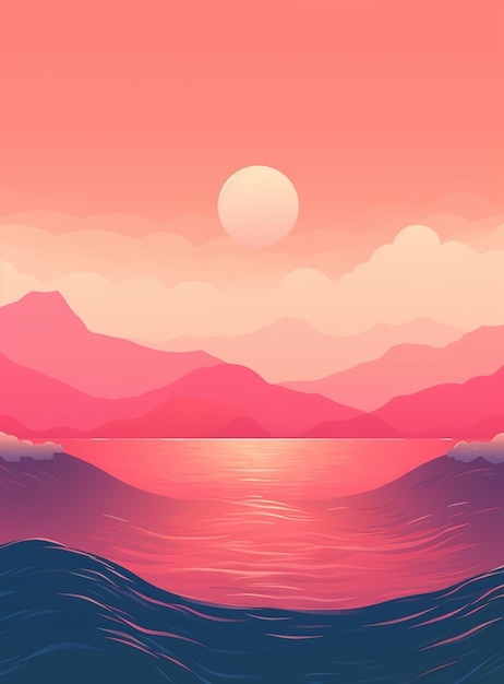 Foto puesta de sol sobre el océano con montañas y un barco en la distancia ai generativa