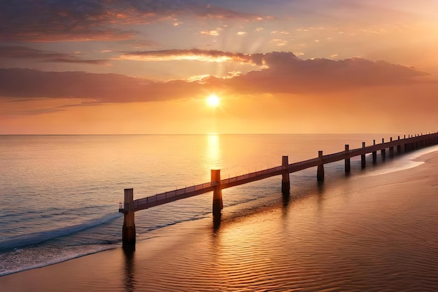 Una puesta de sol sobre el océano con un muelle en primer plano