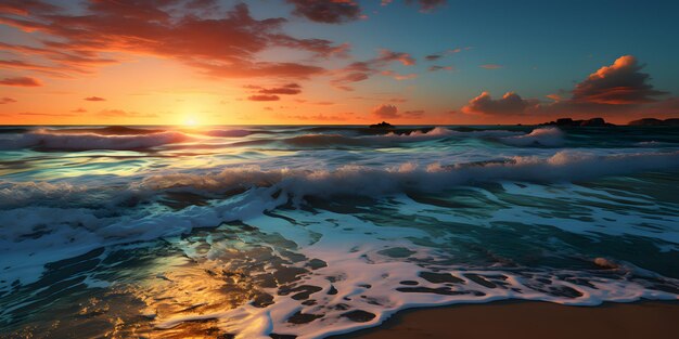 Puesta de sol sobre el océano con olas rompiendo en la playa generativa ai