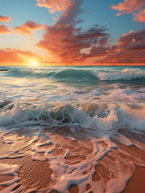 Puesta de sol sobre el océano con olas rompiendo en la playa generativa ai