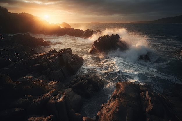 Una puesta de sol sobre el océano con olas rompiendo en las rocas