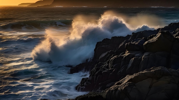 Una puesta de sol sobre el océano con olas rompiendo en las rocas