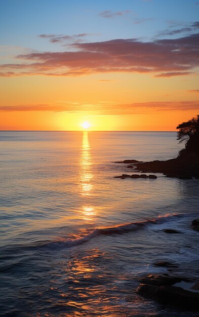 puesta de sol sobre el océano con un pájaro solitario volando en la distancia generativa ai