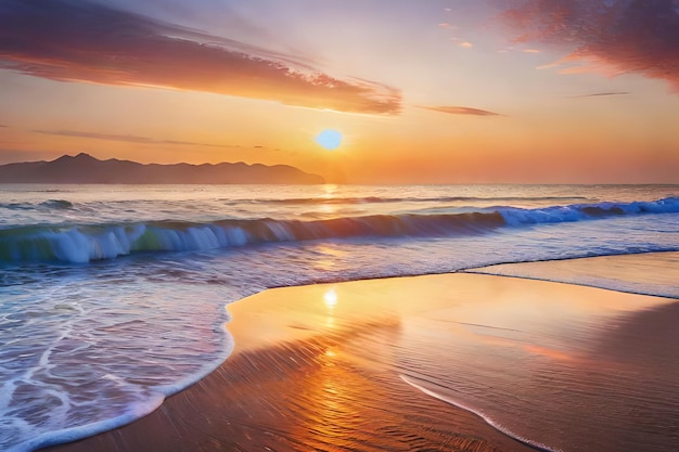 Una puesta de sol sobre el océano con una playa y montañas al fondo.