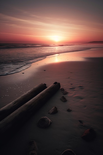 Una puesta de sol sobre el océano con una playa y un tronco sobre la arena.