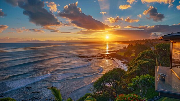 La puesta de sol sobre el océano y la playa Villa frente a la playa Sunrise Panorama