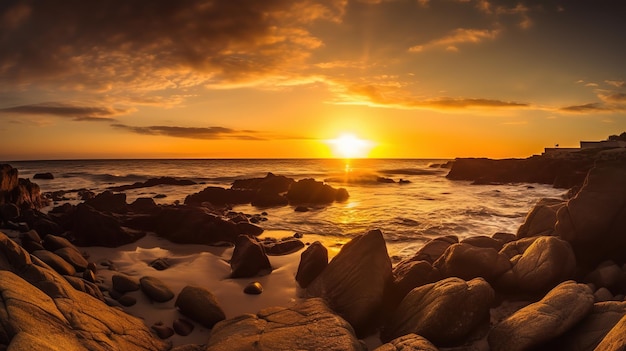 Una puesta de sol sobre el océano con la puesta de sol sobre el horizonte.