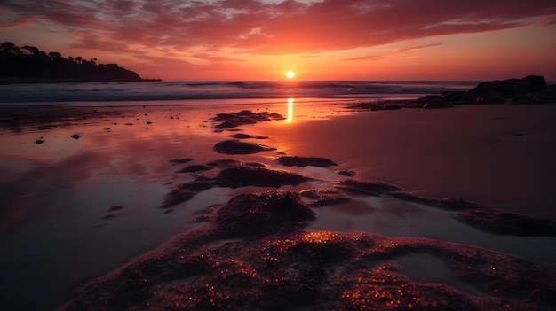 Una puesta de sol sobre el océano con la puesta de sol sobre el horizonte.