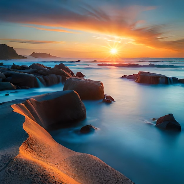 Una puesta de sol sobre el océano con rocas y agua en primer plano